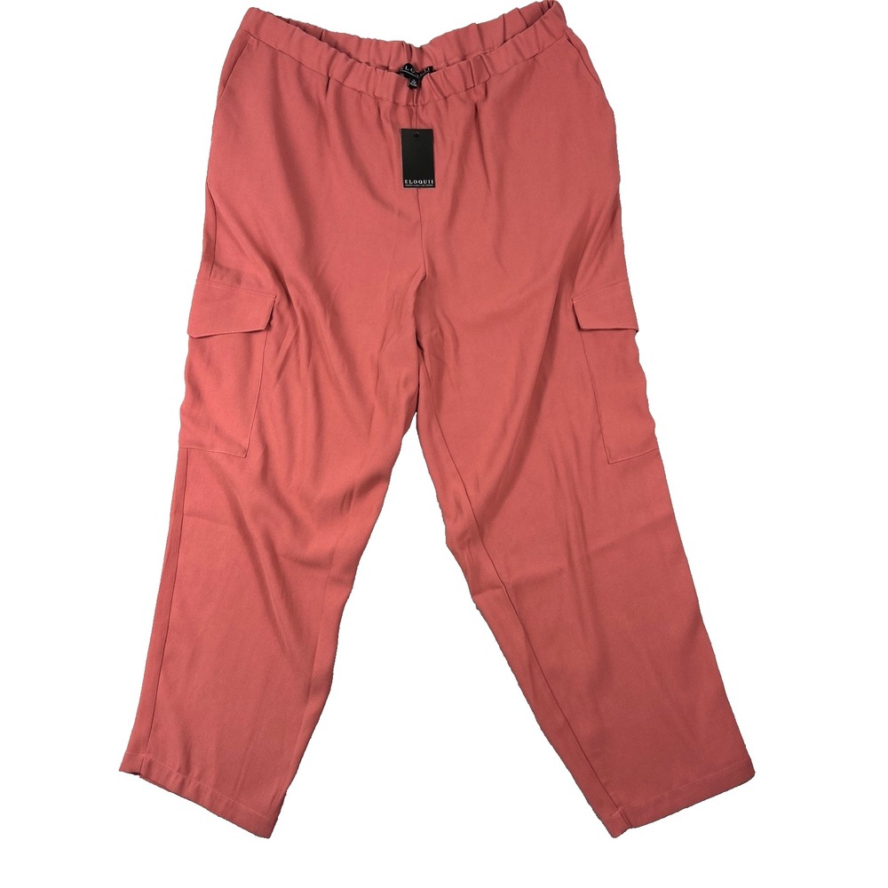 Eloquii Women's 18 Elastic Waist Pull‎ On Lightweight Cargo Pants Coral NWT